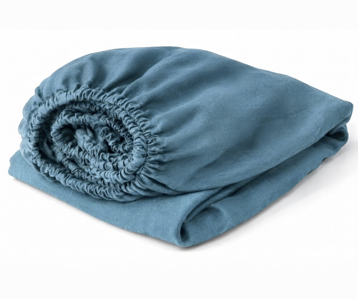 Dusty Blue European flax linen fitted sheet featuring deep pockets, soft stonewashed linen bedding for queen, king, twin, and California king beds.