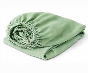 Sage Green European linen fitted sheet in 100% flax linen with deep pocket construction, luxury breathable bedding for every season.