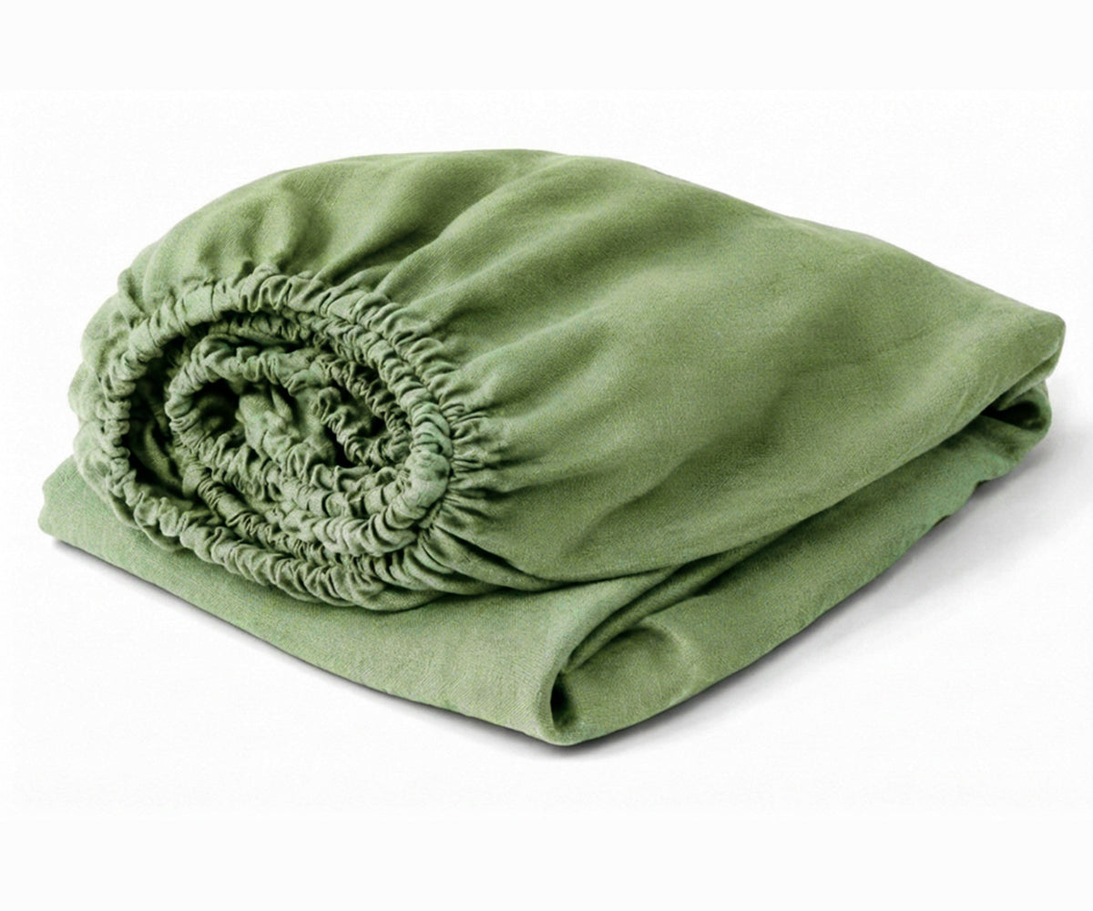 Willow Green linen fitted sheet crafted from 100% European flax linen, deep pocket fitted sheet with breathable, moisture-wicking comfort for all seasons.