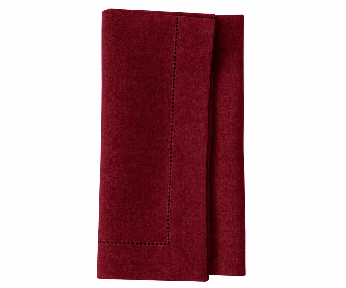 Burgundy cloth napkins for weddings and special occasions, featuring a classic hemstitch design for elegant table settings