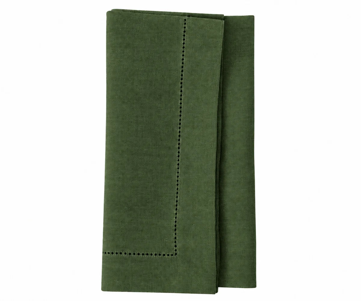Olive green linen napkins with an elegant hemstitched border, premium cloth dinner napkins for stylish table settings.