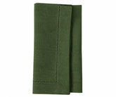 Olive green linen napkins with an elegant hemstitched border, premium cloth dinner napkins for stylish table settings.