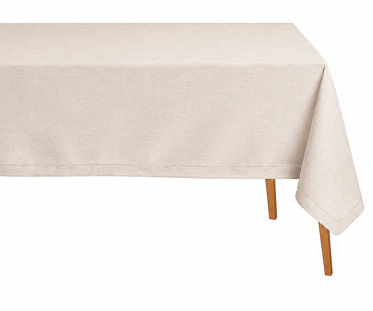 Natural linen rectangle tablecloth with premium hemstitched detailing designed for minimalist dining rooms and organic farmhouse interiors.