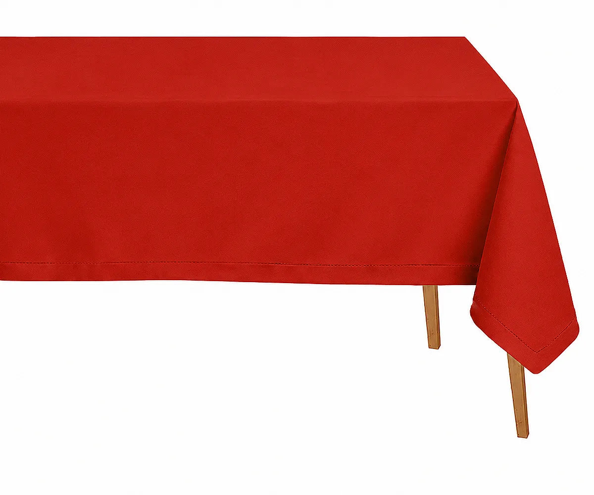 Red pure linen rectangle tablecloth with classic hemstitched detailing, perfect for festive dining tables, holiday hosting, and family celebrations.