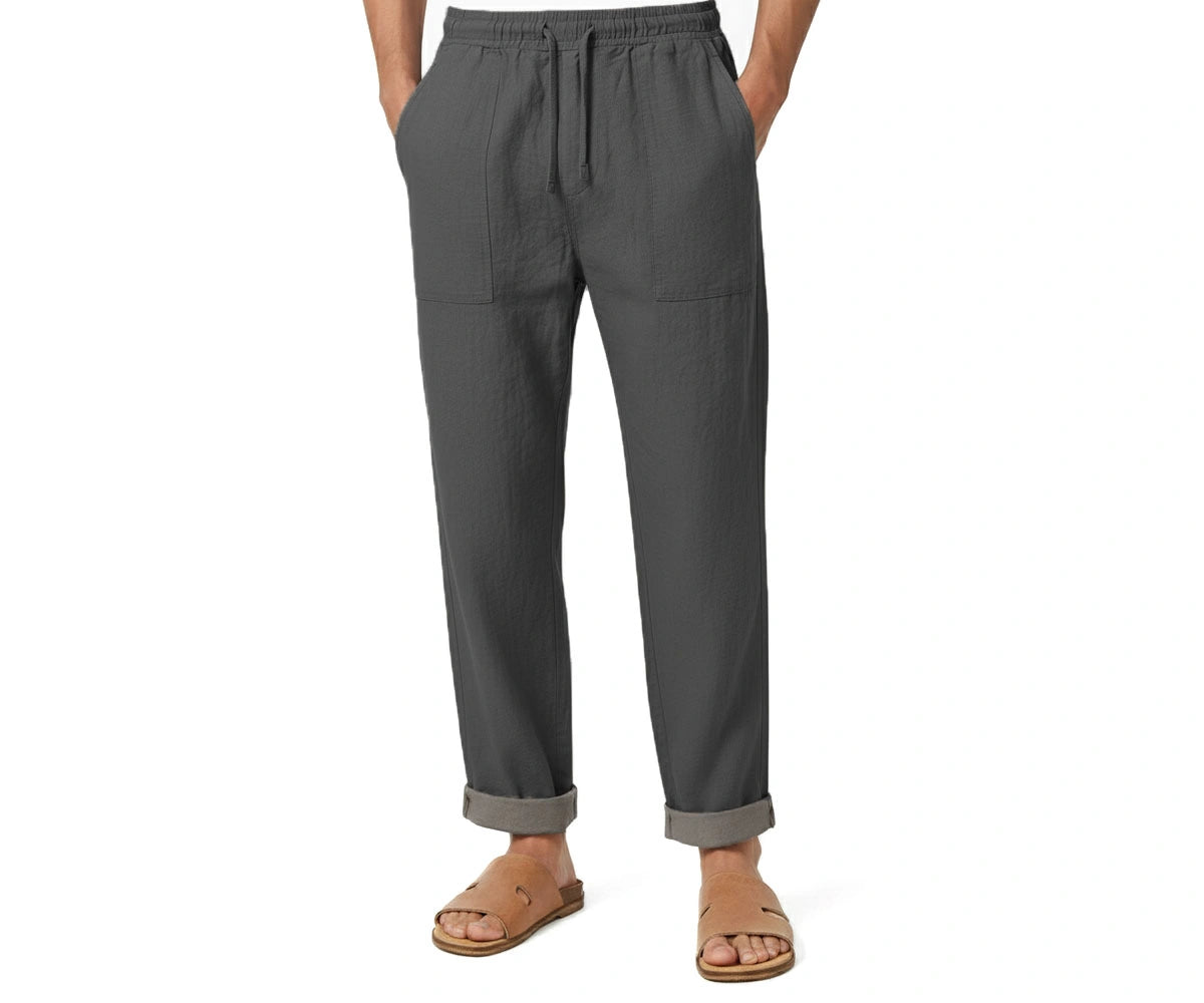 Men’s grey linen blend trousers made from breathable 90% linen and 10% lyocell, lightweight relaxed fit pants for summer wear and casual comfort