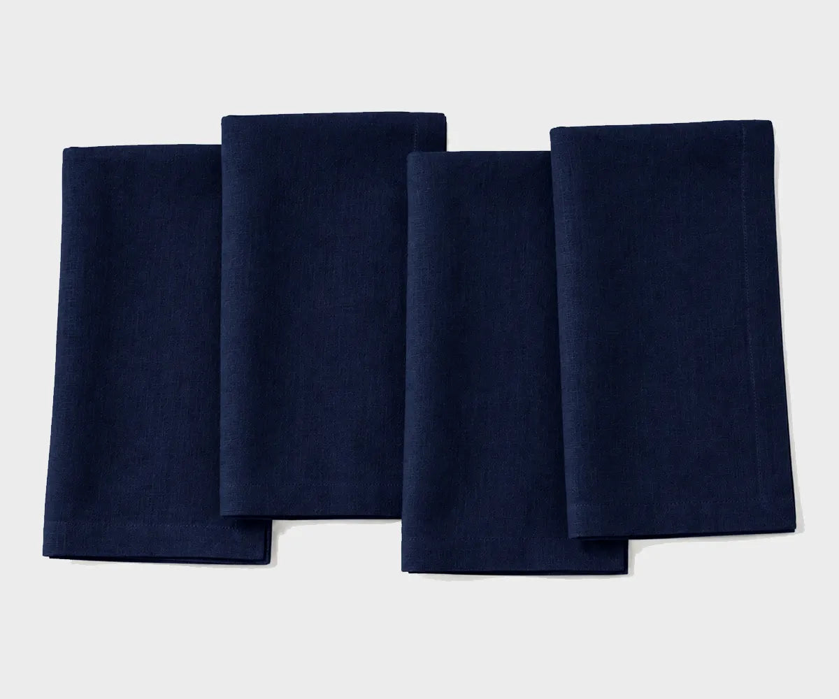 Midnight blue linen napkins for elegant dining table settings and everyday meals.