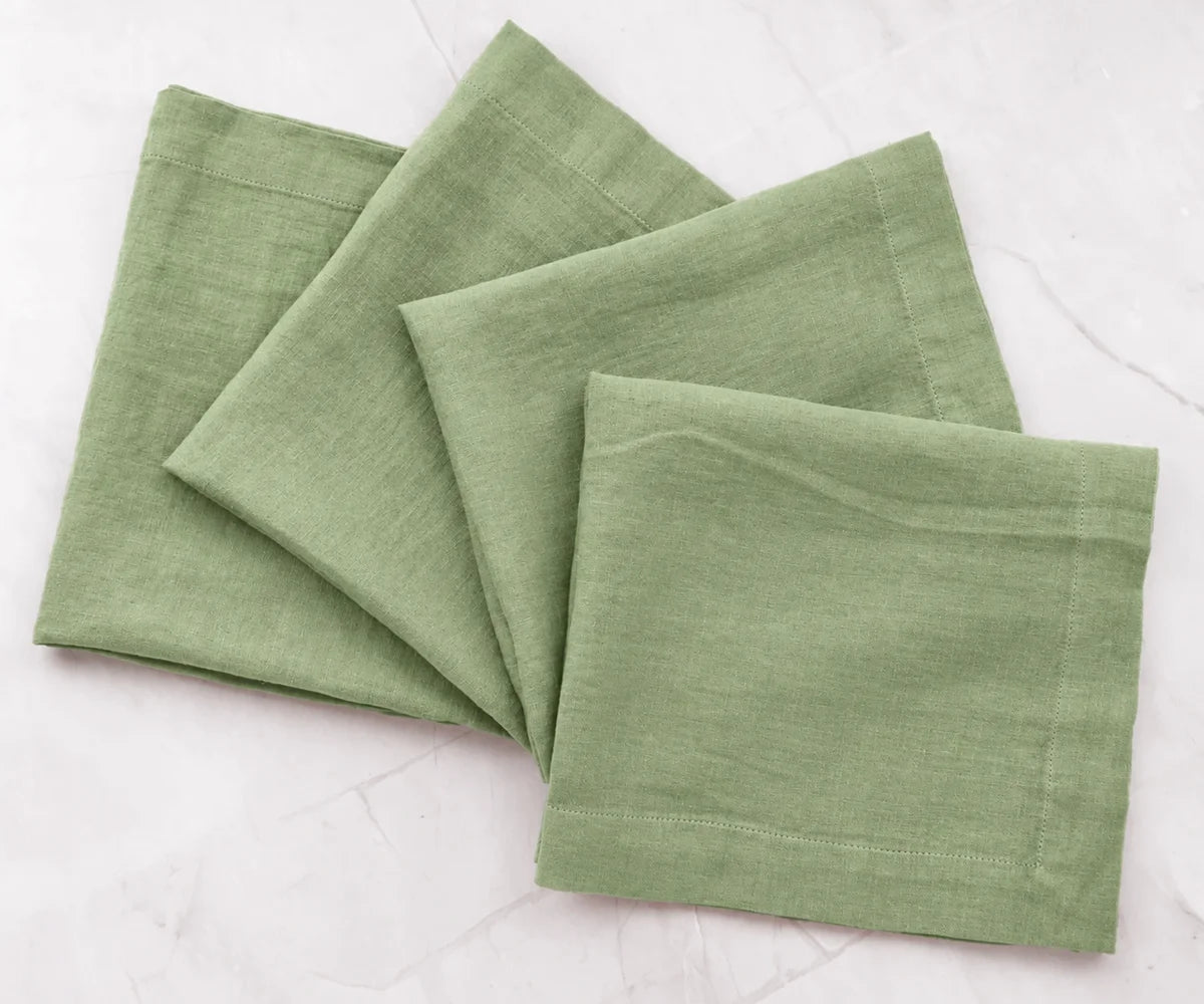 sage green linen cocktail napkins in 100% linen, reusable cocktail cloth napkins for weddings, receptions, and special occasions