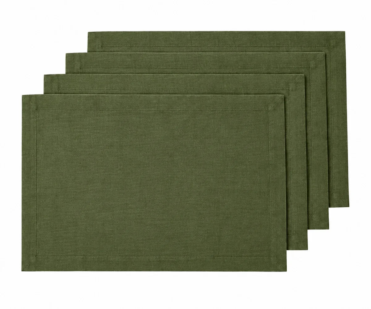 Olive green linen placemats for dining table, rectangular green table mats made from 100% linen for elegant dining décor.