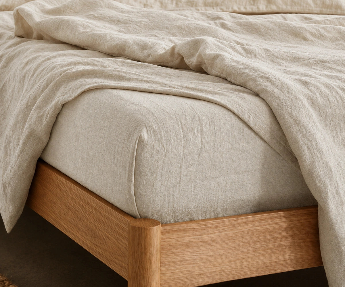 Natural European linen fitted sheet set crafted from 100% flax linen, deep pocket fitted sheet for breathable year-round comfort
