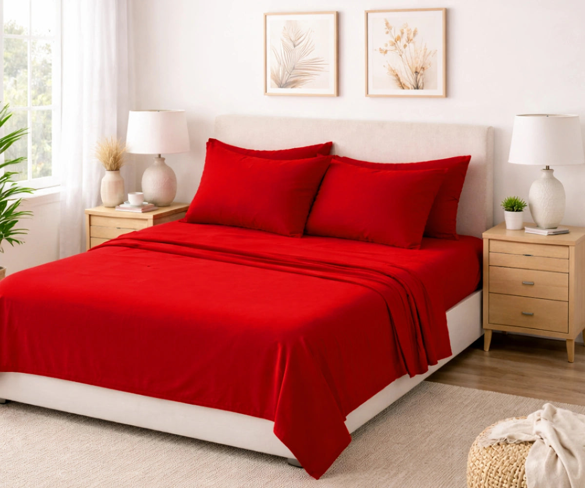 Deep red 100% European flax linen bedding set with temperature regulating fitted sheet