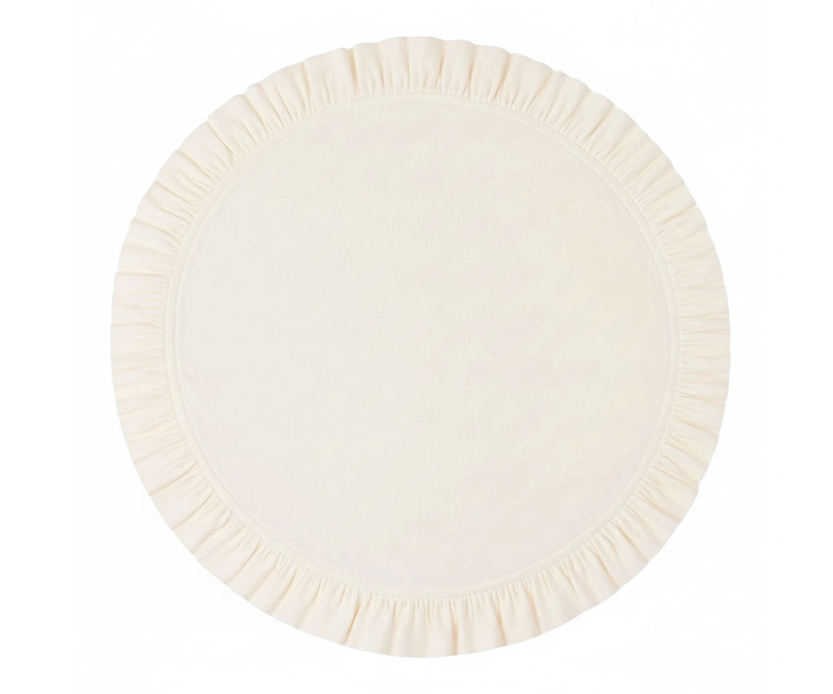 Beige round cotton ruffle placemat with soft pleated edge