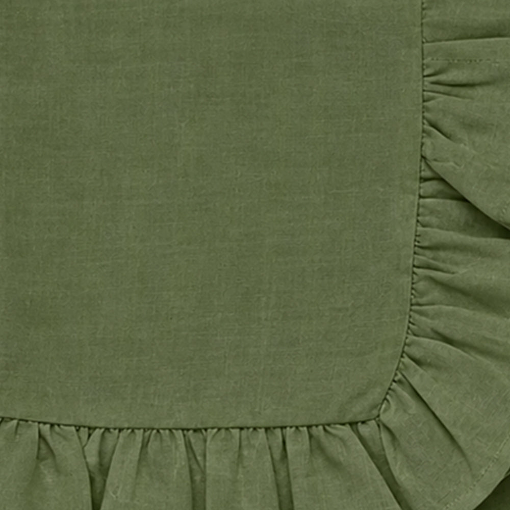 Olive green cotton round tablecloth with ruffled trim, rustic farmhouse table cover for weddings