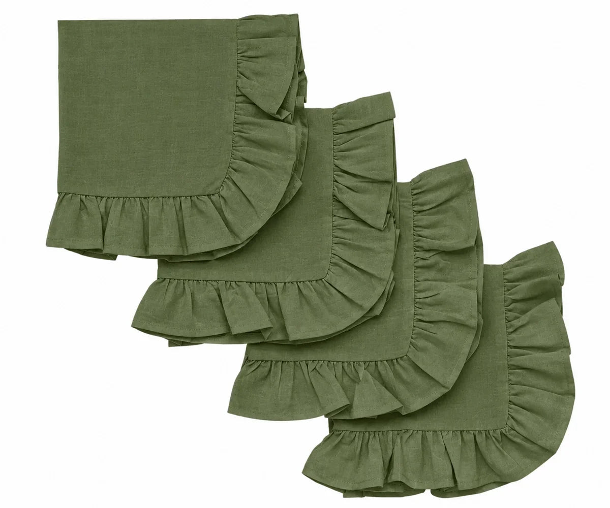 Olive green cotton dinner napkins with ruffle edge, reusable cloth napkins for elegant dining and special occasions