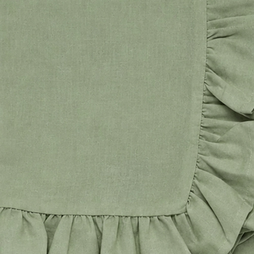 Sage green cotton round tablecloth with ruffle trim, elegant farmhouse table cover for weddings