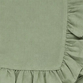 Sage green cotton round tablecloth with ruffle trim, elegant farmhouse table cover for weddings