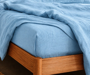 Sky Blue European linen fitted sheet creates a fresh bedroom look with breathable 100% flax linen and deep pocket fit