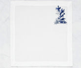 white cotton napkins with blue toile print design, soft washable printed cloth napkins ideal for brunch tables, dinner parties, and farmhouse-inspired décor