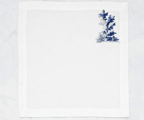white cotton napkins with blue toile print design, soft washable printed cloth napkins ideal for brunch tables, dinner parties, and farmhouse-inspired décor