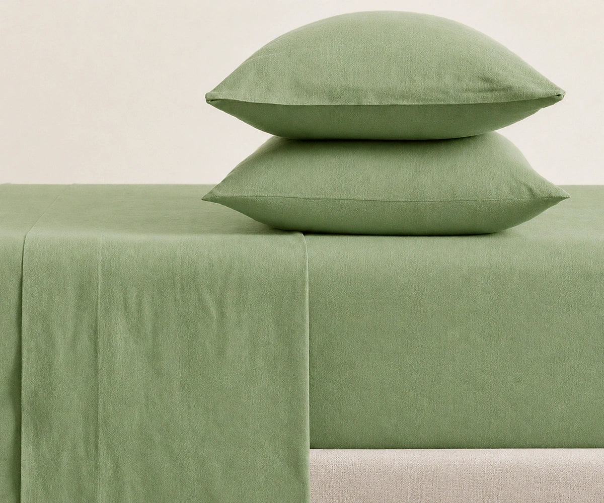 Willow Green 100% European linen fitted sheet set with deep pocket fit, breathable luxury bedding for queen and king size mattresses