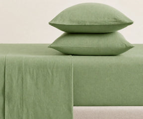 Willow Green 100% European linen fitted sheet set with deep pocket fit, breathable luxury bedding for queen and king size mattresses