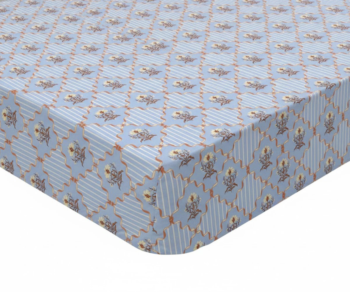 Elegant blue floral trellis bed sheets with pillowcases, classic botanical lattice design