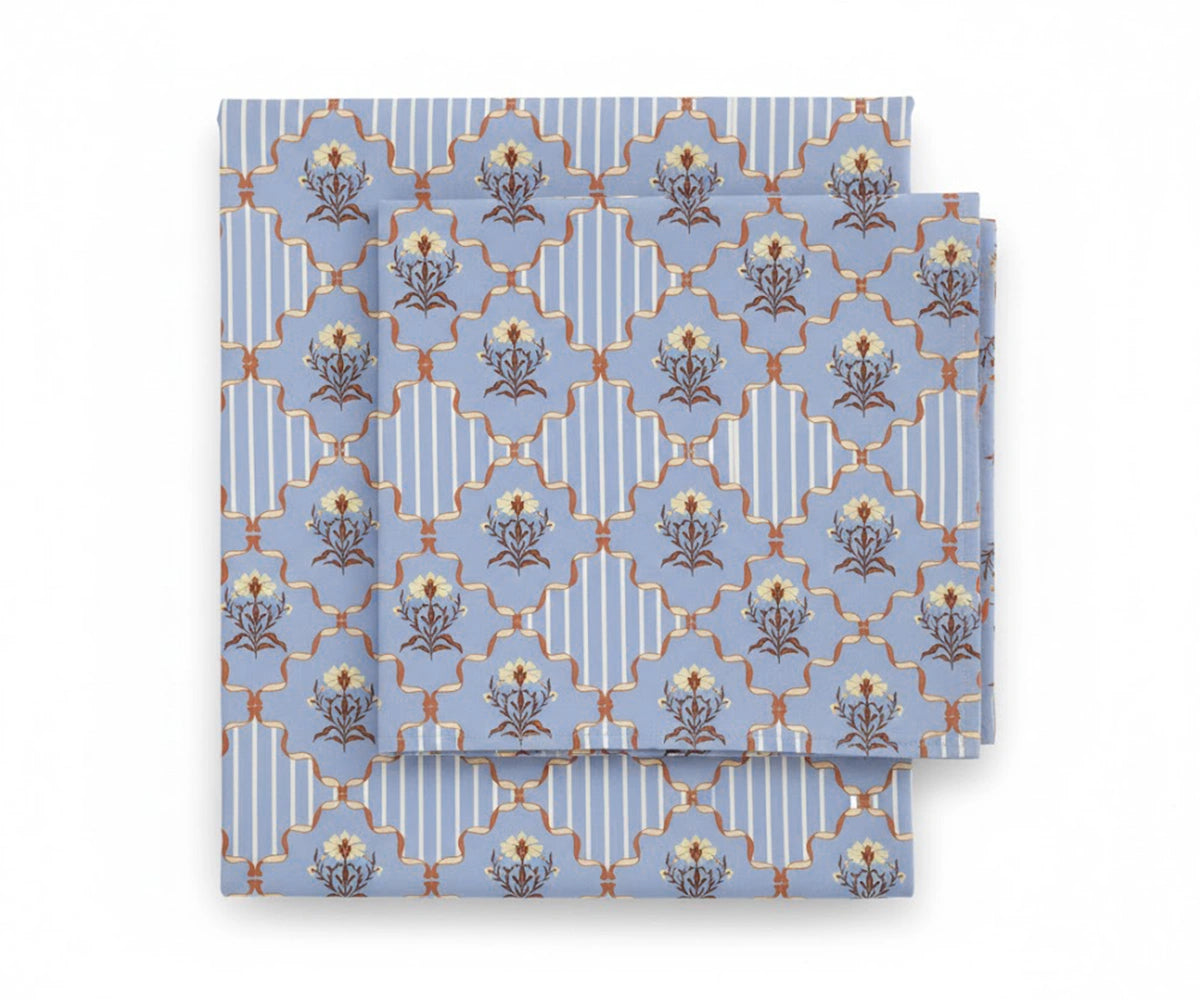 Elegant blue floral trellis linen bed sheets with pillowcases, timeless botanical lattice design