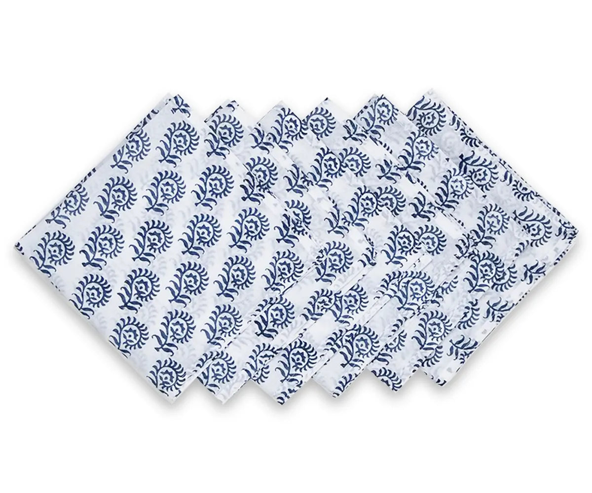 Blue floral block print cotton napkins – reusable cloth napkins for weddings, parties, and eco-friendly dining.