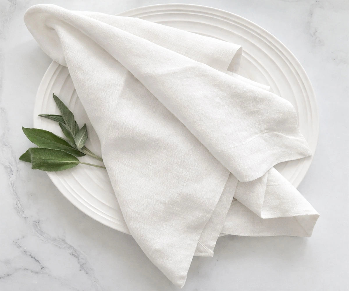 Classic white linen napkins bulk set, soft textured reusable dinner napkins for weddings, restaurants, and elegant dining tables