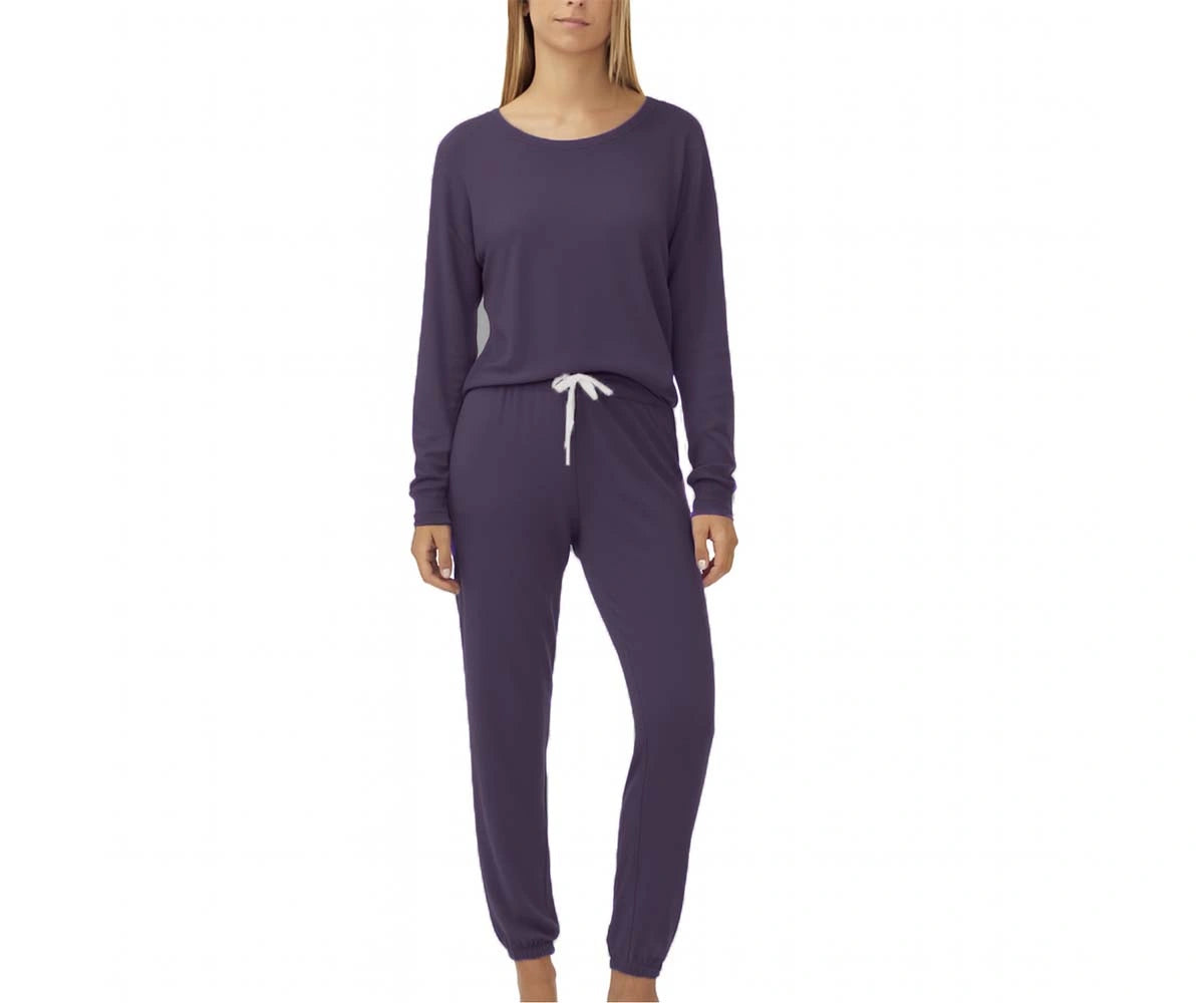 Women’s purple nightwear set featuring breathable soft fabric and comfy lounge pants