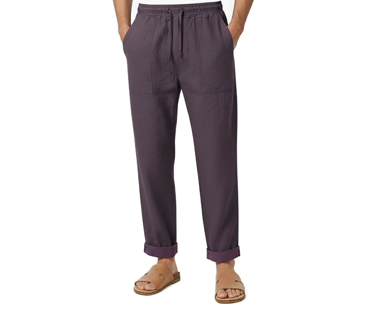 Men’s purple linen blend trousers in breathable linen lyocell fabric, lightweight relaxed fit pants for summer, yoga, and everyday wear
