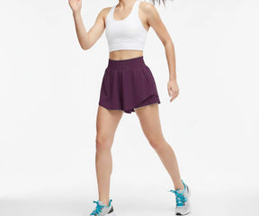 Purple high waisted running shorts for women with inner brief liner, stretch polyester athletic shorts for workouts and running