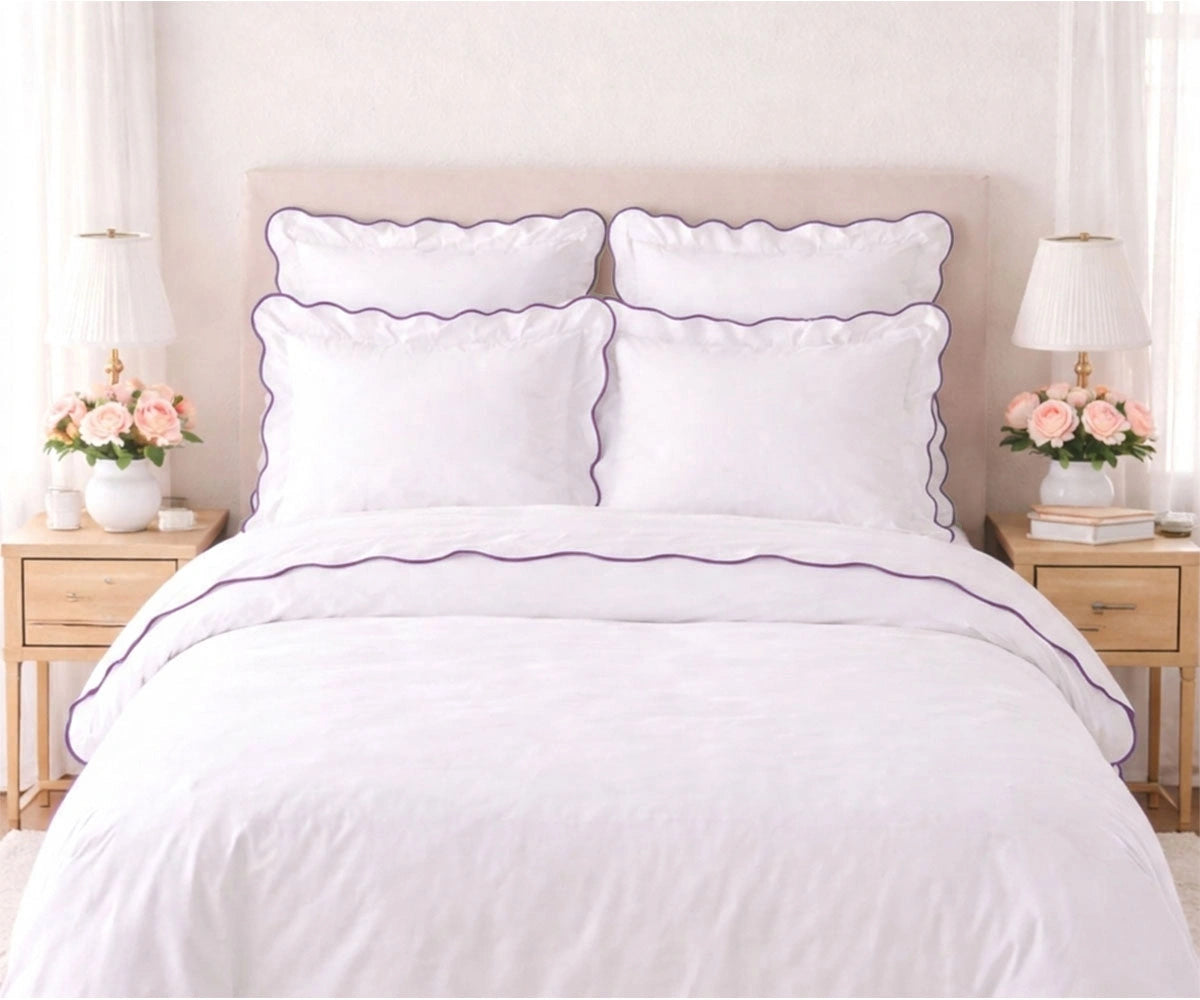 Purple scalloped edge bedding set in 100% cotton for luxury bedroom styling, cotton sheet set with scalloped trim and breathable fabric