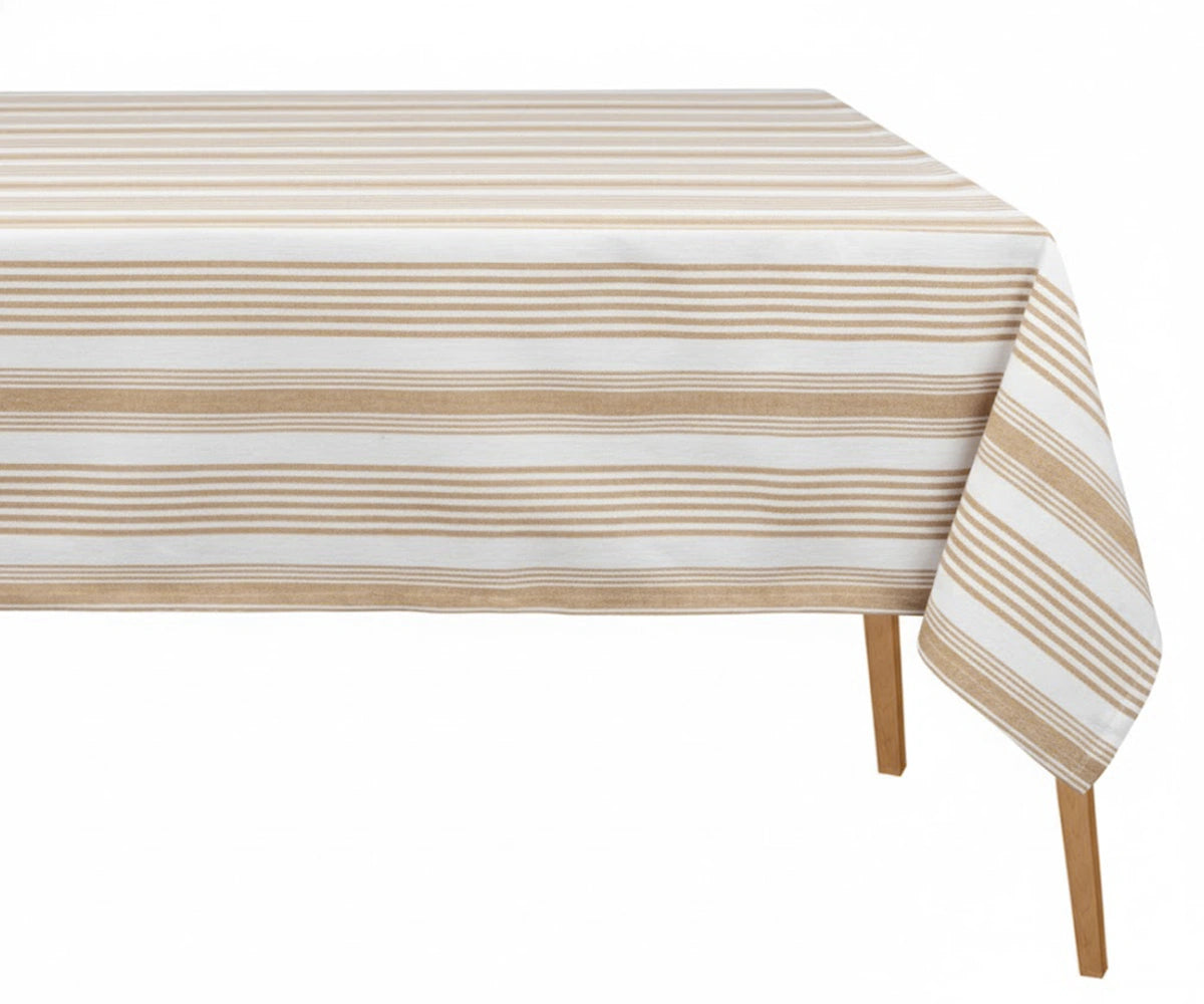 Rectangular beige and white striped cotton tablecloth covering dining table, multiple sizes