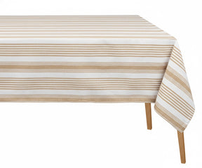 Rectangular beige and white striped cotton tablecloth covering dining table, multiple sizes