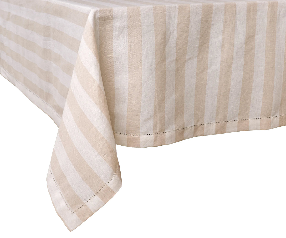 Beige rectangular cotton tablecloth featuring classic stripes and fine hemstitch detailing, paired with matching beige napkins for coordinated table décor.