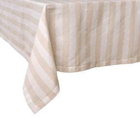 Beige rectangular cotton tablecloth featuring classic stripes and fine hemstitch detailing, paired with matching beige napkins for coordinated table décor.