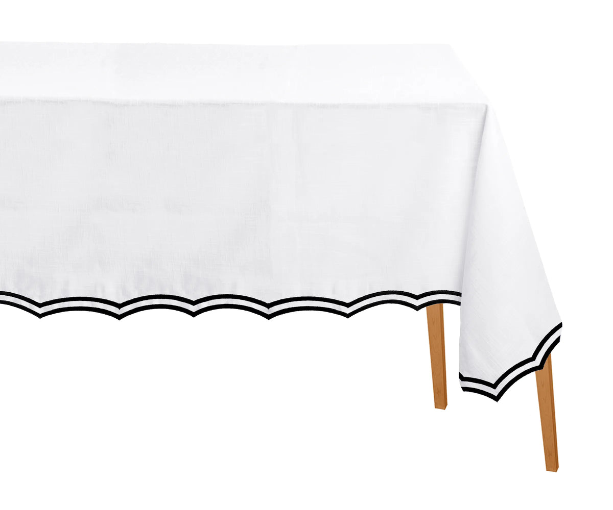 Black embroidered rectangle cotton tablecloth with scalloped edges