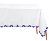 Royal blue cotton tablecloth styled for a sophisticated dining experience with Parisian flair