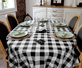 black checkered tablecloth, black linen tablecloth, buffalo plaid tablecloth