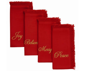 Vibrant red embroidered napkins with gold stitching and fringed edges for elegant holiday dining