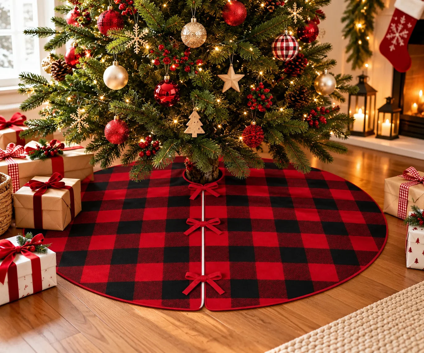 Red and black buffalo plaid Christmas tree skirt with red bow ties under a decorated holiday tree.