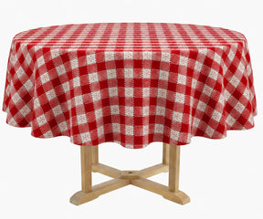 Round red and ivory snowflake check tablecloth crafted from cotton, featuring a festive gingham pattern ideal for holiday dining tables.