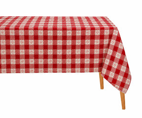 Red and ivory snowflake check rectangle tablecloth made from cotton, featuring a festive gingham pattern for holiday dining and farmhouse table decor.