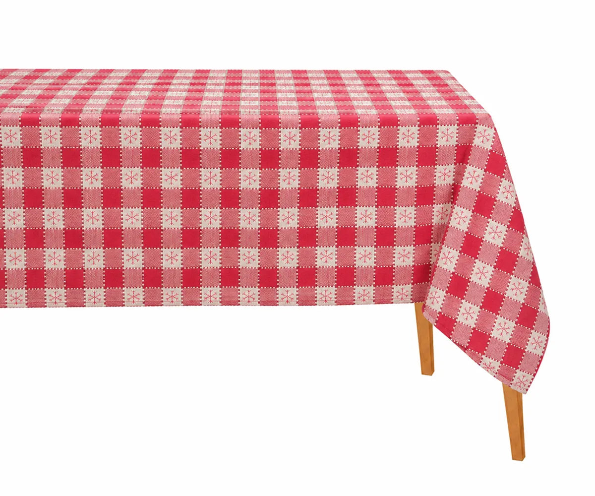 Red and ivory snowflake check rectangle tablecloth made from cotton, featuring a festive gingham pattern for holiday dining and farmhouse table decor.