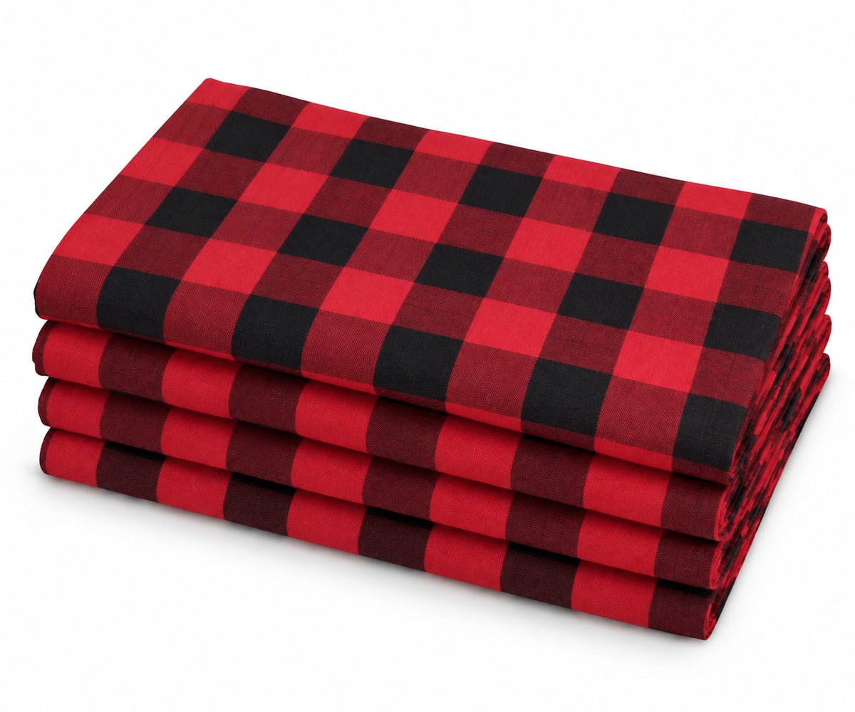 Stacked set of 4 cloth napkins with a red and black buffalo check plaid pattern