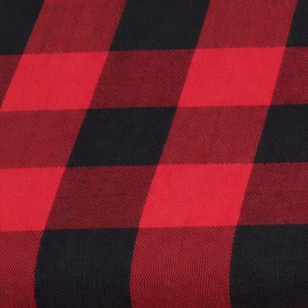 Close-up fabric swatch of a red and black buffalo check plaid pattern