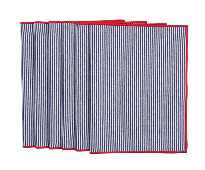 Rectangle navy blue striped placemats made from 100% cotton with red border styling for everyday dining and table décor