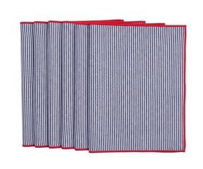 Rectangle navy blue striped placemats made from 100% cotton with red border styling for everyday dining and table décor