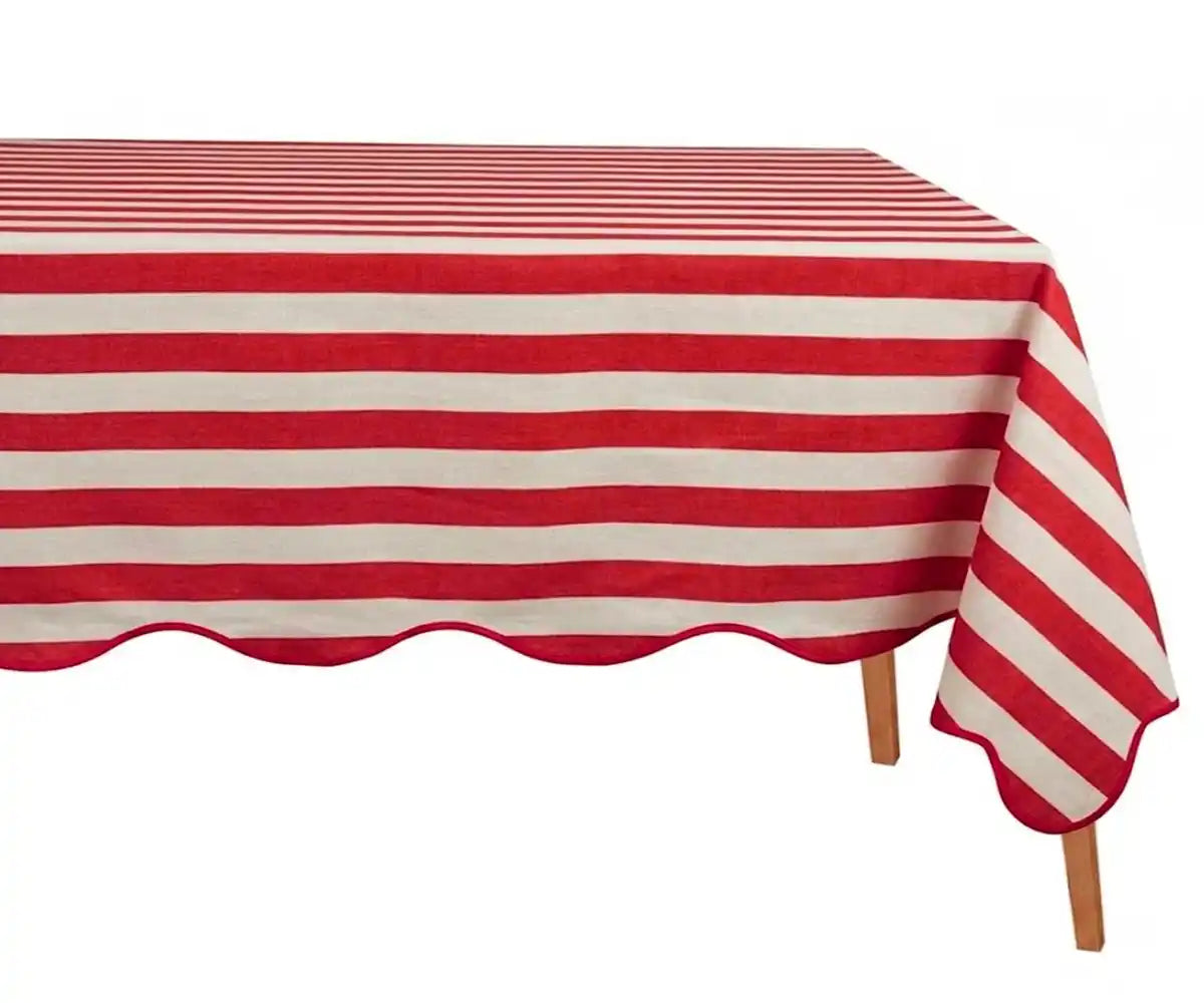 Red and white striped tablecloth on rectangular table