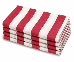 Red cabana striped cloth napkins, reusable and washable cotton dinner napkins for modern farmhouse decor.